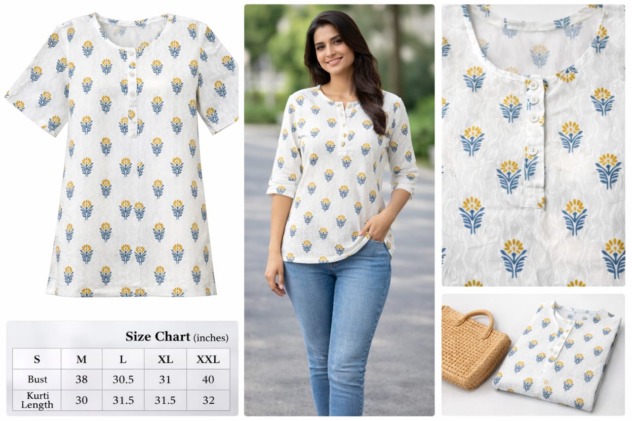 ThreadFash Floral Block Print Kurti - Indian Ethnic Wear Collection